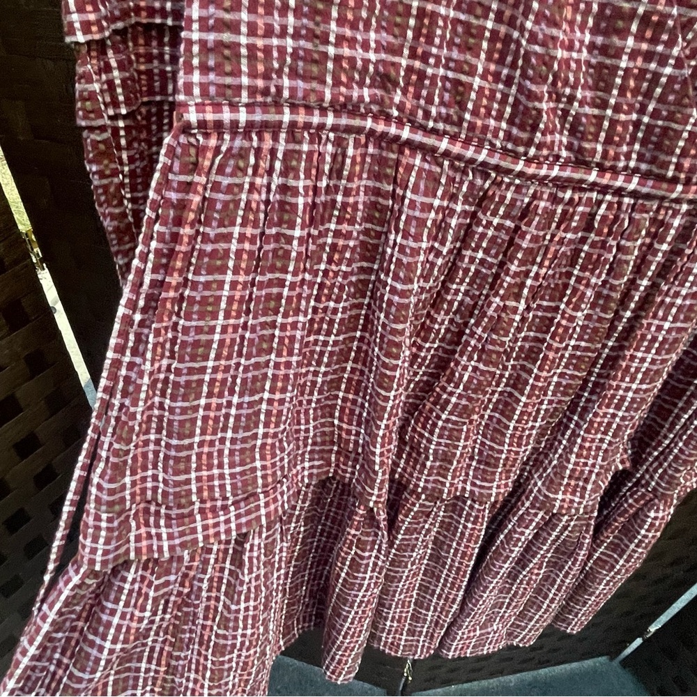 Madewell Merlot Seersucker Checkered Long Sleeve, V neck Dress - Size XS - Picture 4 of 16